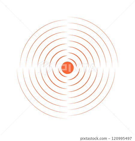 Concentric orange circles. Sunburst, sunrise or sunset icon. Pain or ache localization sign. Pulse, shockwave, radiation or vibration symbol. Sound, radar or sonar wave pictogram. Vector illustration 120995497