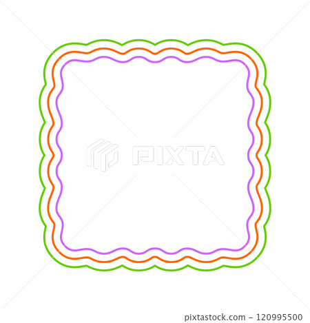 Colorful square frame with wavy edges. Geometric shape with scallop borders. Blank text box, tag or label isolated on white background. Vector flat illustration Colorful square frame with wavy edges. Geometric shape with scallop borders. Blank text box, tag or label isolated on white background. Vector flat illustration 120995500