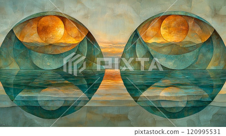 abstract artwork captures emotional balance harmonious circles and flowing lines. Soothing blues and greens symbolize equilibrium evoking feelings inner peace. abstract artwork captures emotional balance harmonious circles and flowing lines. Soothing blues and greens symbolize equilibrium evoking feelings inner peace. 120995531