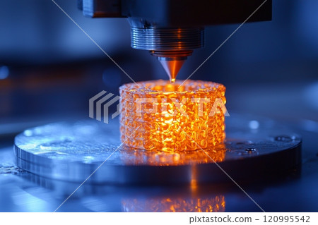 3D printer works meticulously build intricate design layer layer controlled indoor lighting. process showcases additive manufacturing capabilities. 3D printer works meticulously build intricate design layer layer controlled indoor lighting. process showcases additive manufacturing capabilities. 120995542