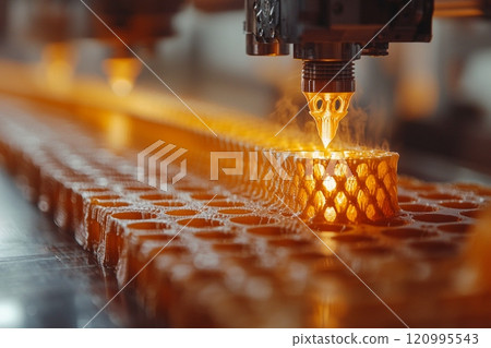 Close up shot showcases 3D printer constructing object layer layer professional environment highlighting technology and precision involved additive manufacturing. 120995543