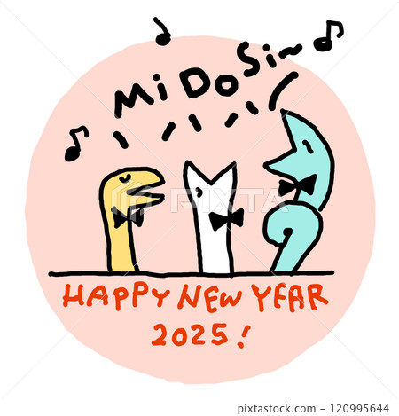 三隻蛇唱著“Mi”、“Do”、“Shi”,迎接蛇年和新年的溫馨插圖。 2025幽默新年設計 三隻蛇唱著“Mi”、“Do”、“Shi”,迎接蛇年和新年的溫馨插圖。 2025幽默新年設計 120995644