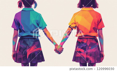 Image of two girls holding hands. Artificial intelligence.  120996030