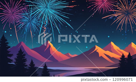 Colorful fireworks over a mountain lake. Colorful fireworks over a mountain lake. 120996071