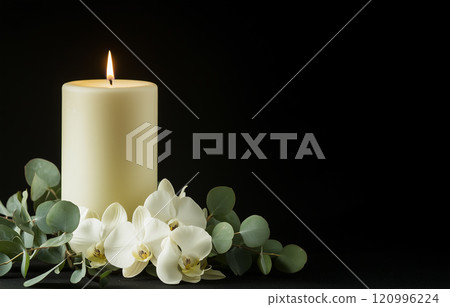 蝴蝶蘭和桉樹的佈置和蠟燭 蝴蝶蘭和桉樹的佈置和蠟燭 120996224