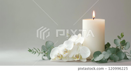 蝴蝶蘭和桉樹的佈置和蠟燭 120996225