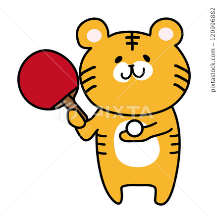 Tiger holding a table tennis racket and ball Tiger holding a table tennis racket and ball 120996882