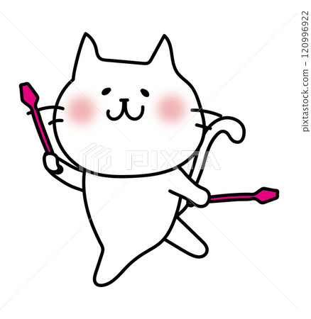 White cat dancing with clubs in rhythmic gymnastics 120996922