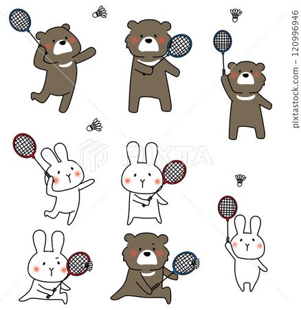 一組亞洲黑熊和白兔打羽毛球 一組亞洲黑熊和白兔打羽毛球 120996946