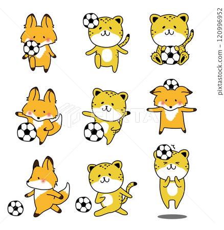 Set of fox and cheetah playing soccer 120996952