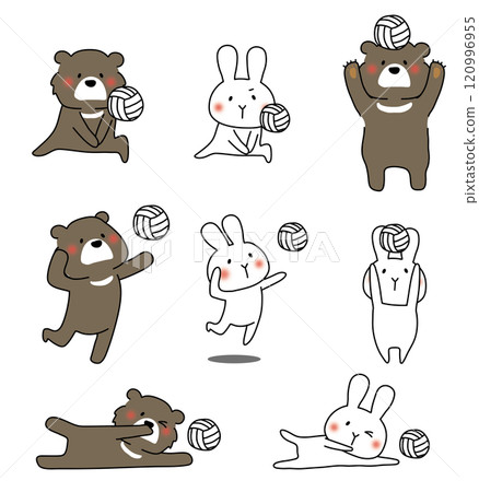 A set of a black bear and a white rabbit playing volleyball A set of a black bear and a white rabbit playing volleyball 120996955