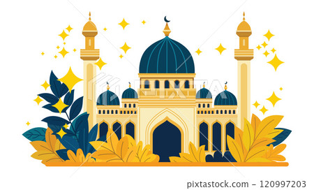 Flat Design Illustration of Golden Luxury Islamic Mosque Heritage Building with Floral Plant Flat Design Illustration of Golden Luxury Islamic Mosque Heritage Building with Floral Plant 120997203