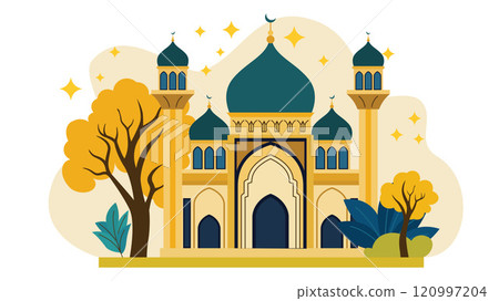 Flat Design Illustration of Golden Luxury Islamic Mosque Heritage Building with Floral Plant 120997204