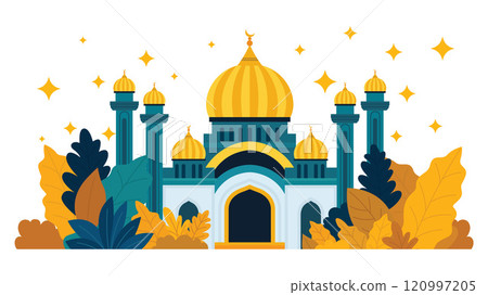 Flat Design Illustration of Golden Luxury Islamic Mosque Heritage Building with Floral Plant Flat Design Illustration of Golden Luxury Islamic Mosque Heritage Building with Floral Plant 120997205