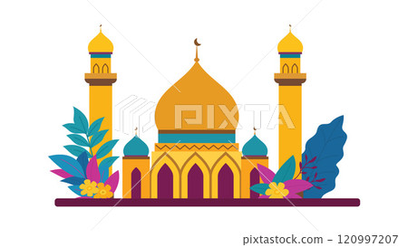 Flat Design Illustration of Golden Luxury Islamic Mosque Heritage Building with Floral Plant 120997207