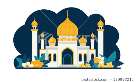 Flat Design Illustration of Golden Islamic Mosque Heritage Building with Floral in Blue Sky at Night Flat Design Illustration of Golden Islamic Mosque Heritage Building with Floral in Blue Sky at Night 120997213