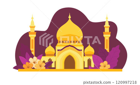 Flat Design Illustration of Golden Islamic Mosque Heritage Building with Floral Plant in Purple Sky Flat Design Illustration of Golden Islamic Mosque Heritage Building with Floral Plant in Purple Sky 120997218