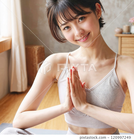 Stock photo (high quality, paid) A beautiful woman on a diet putting her hands together in yoga Stock photo (high quality, paid) A beautiful woman on a diet putting her hands together in yoga 120997249