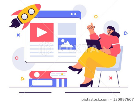 Digital Publishing Vector Illustration featuring Blog Content Marketing, Writing for Social Media, and Webpage Organization in a Flat Style Background 120997607