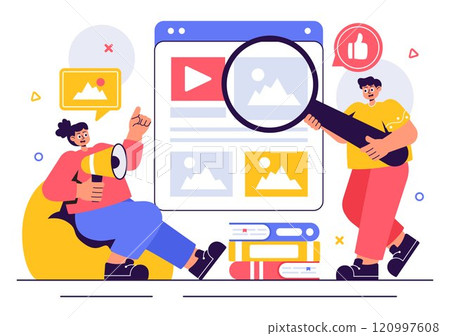 Digital Publishing Vector Illustration featuring Blog Content Marketing, Writing for Social Media, and Webpage Organization in a Flat Style Background Digital Publishing Vector Illustration featuring Blog Content Marketing, Writing for Social Media, and Webpage Organization in a Flat Style Background 120997608