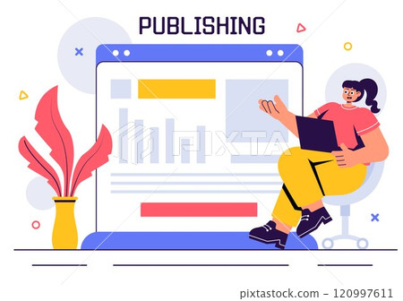 Digital Publishing Vector Illustration featuring Blog Content Marketing, Writing for Social Media, and Webpage Organization in a Flat Style Background Digital Publishing Vector Illustration featuring Blog Content Marketing, Writing for Social Media, and Webpage Organization in a Flat Style Background 120997611