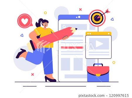 Digital Publishing Vector Illustration featuring Blog Content Marketing, Writing for Social Media, and Webpage Organization in a Flat Style Background 120997615