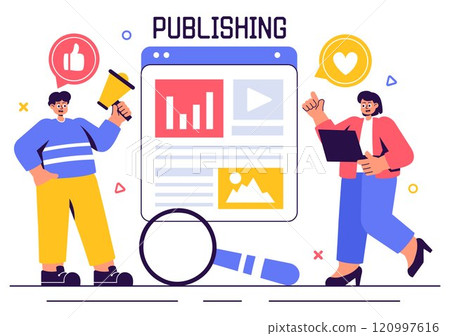 Digital Publishing Vector Illustration featuring Blog Content Marketing, Writing for Social Media, and Webpage Organization in a Flat Style Background 120997616
