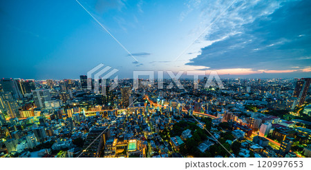 city skyline aerial night view in Tokyo, Japan city skyline aerial night view in Tokyo, Japan 120997653