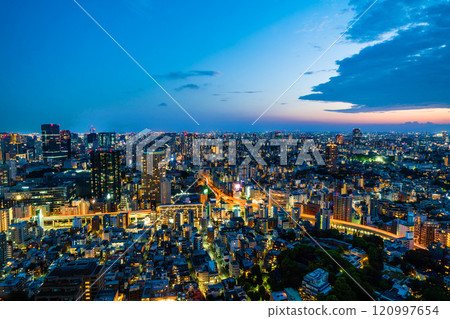city skyline aerial night view in Tokyo, Japan 120997654