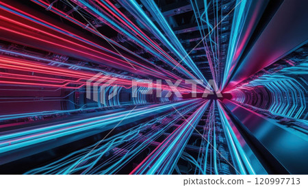 Immersive tech setting with neon network patterns and fiber optic glow, showcasing high speed data stream visualization 120997713