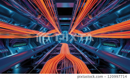 Immersive tech setting with glowing fiber optic cables creating vibrant data stream visualization. This high speed system showcases neon network patterns 120997714