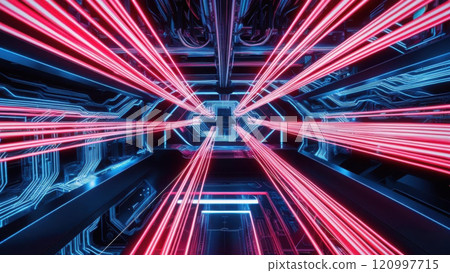 Immersive tech setting with neon network patterns and fiber optic glow, showcasing high speed system and data stream visualization 120997715