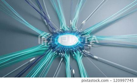 Futuristic network design with glowing fiber optics and fluid digital connections, showcasing tech innovation and abstract themes 120997745