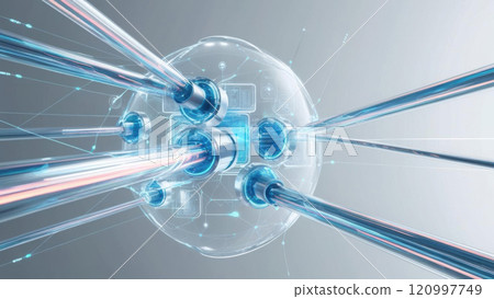 Futuristic holographic technology with glowing fiber optics and fluid digital connections creates abstract theme of tech innovation Futuristic holographic technology with glowing fiber optics and fluid digital connections creates abstract theme of tech innovation 120997749