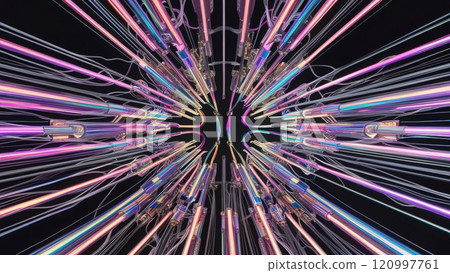 Dynamic light beams create interconnected holographic design, showcasing ultra modern technology. This optical fiber art captivates with vibrant colors and intricate patterns 120997761