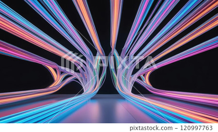 Dynamic light beams create interconnected holographic design, showcasing ultra modern technology. This optical fiber art captivates with vibrant colors and fluid motion 120997763