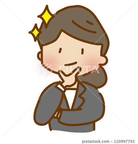 A cute, relaxed woman in a suit with her hand on her chin and a smug look on her face 120997793