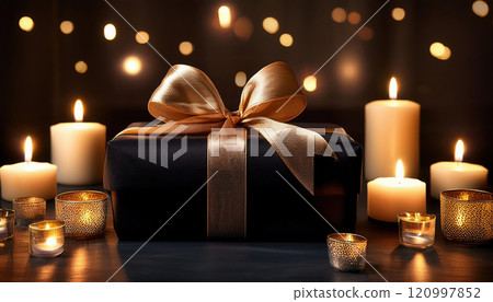 luxurious gift wrapped in black velvet with golden accents, surrounded by glowing candlelight, creating warm and elegant atmosphere 120997852