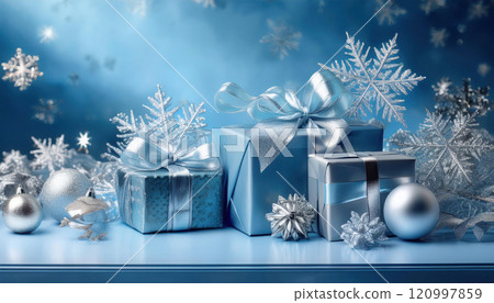 Elegant winter themed gift wrapping station with shimmering silver ribbons and frosty hues, featuring sparkling snowflakes and ornaments 120997859