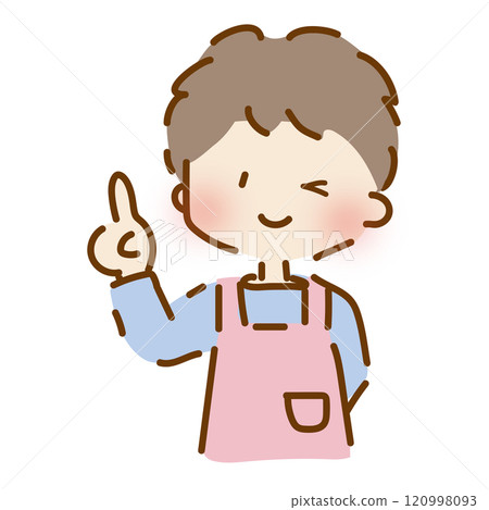 一個寬鬆可愛的男保育員,一邊眨眼一邊指著 一個寬鬆可愛的男保育員,一邊眨眼一邊指著 120998093