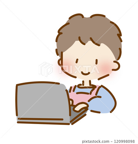 一位寬鬆可愛的男托兒所老師在電腦上工作 120998098