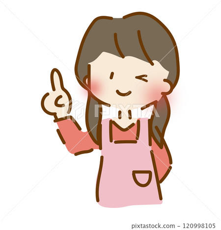 一位寬鬆可愛的女托兒所老師一邊眨眼一邊用手指指著 120998105