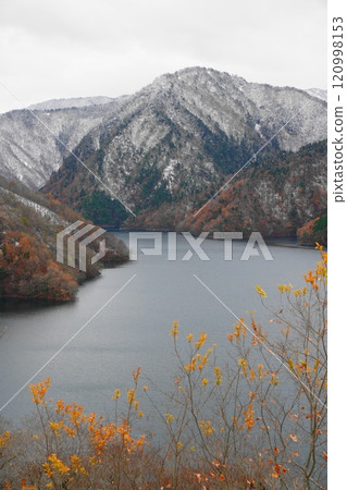 Snow and autumn leaves at Tokuyama Dam Lake 120998153