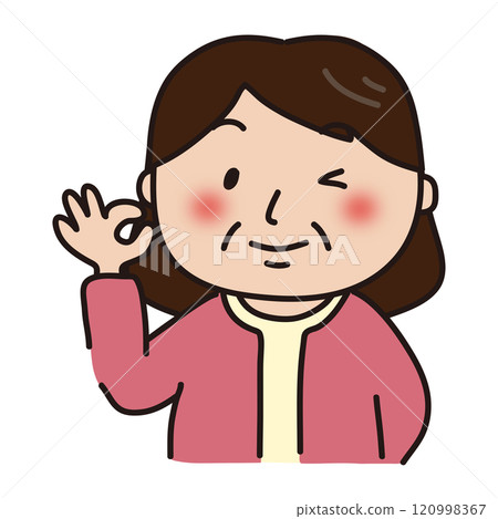 An old lady wearing a pink cardigan giving an OK sign An old lady wearing a pink cardigan giving an OK sign 120998367