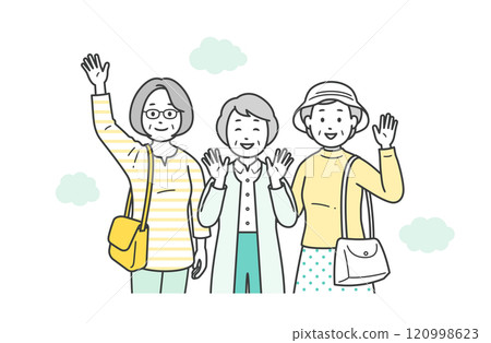 Upper body illustration of a friendly group of elderly women having fun on a trip 120998623