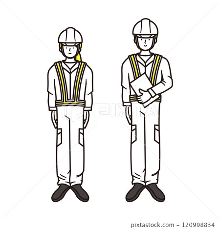 A simple full-body illustration set of men and women wearing reflective vests working in civil engineering and construction A simple full-body illustration set of men and women wearing reflective vests working in civil engineering and construction 120998834