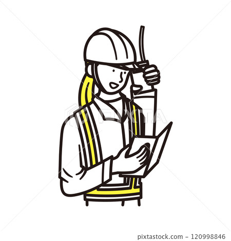 Illustration material of a woman wearing a reflective vest working in civil engineering or construction having a meeting on a walkie-talkie 120998846