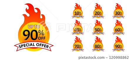 Sale tags set vector badges template, up to 10, 20, 30, 40, 50, 60, 70, 80, 90 percent off, vector illustration isolated on white background. Price off tag icon flat design collection set. Up to 120998862