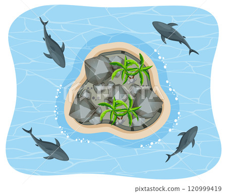 Aerial View of Island and Dolphins 120999419