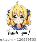 一個可愛的女孩微笑著說「謝謝」。 120999503
